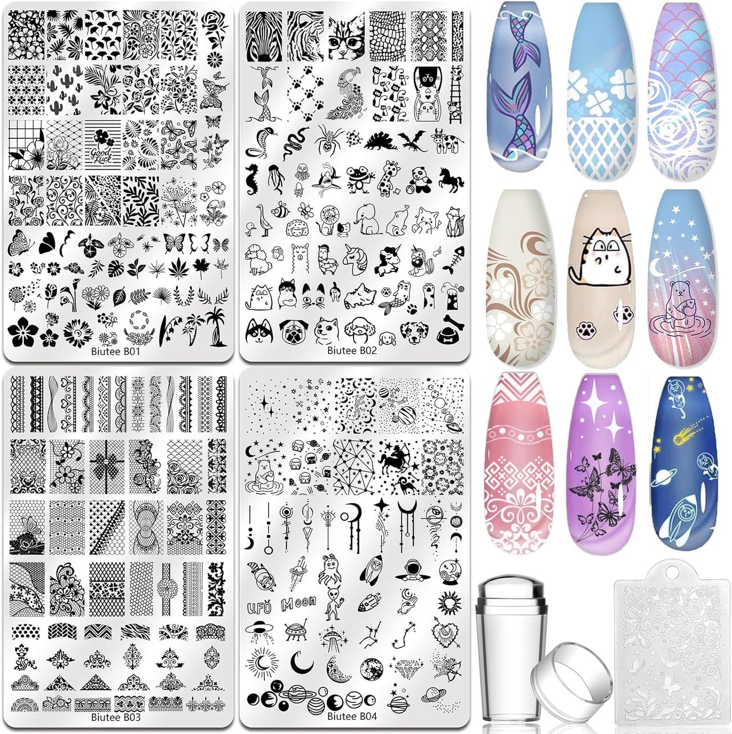 Biutee 4PCS Nail Stamping Plates Set, Includes Nail Art Stamper & Scraper - French Line Lace, Space, Animal, Flower, Leaf Designs - Large Nail Art Stencils Templates for DIY Manicure