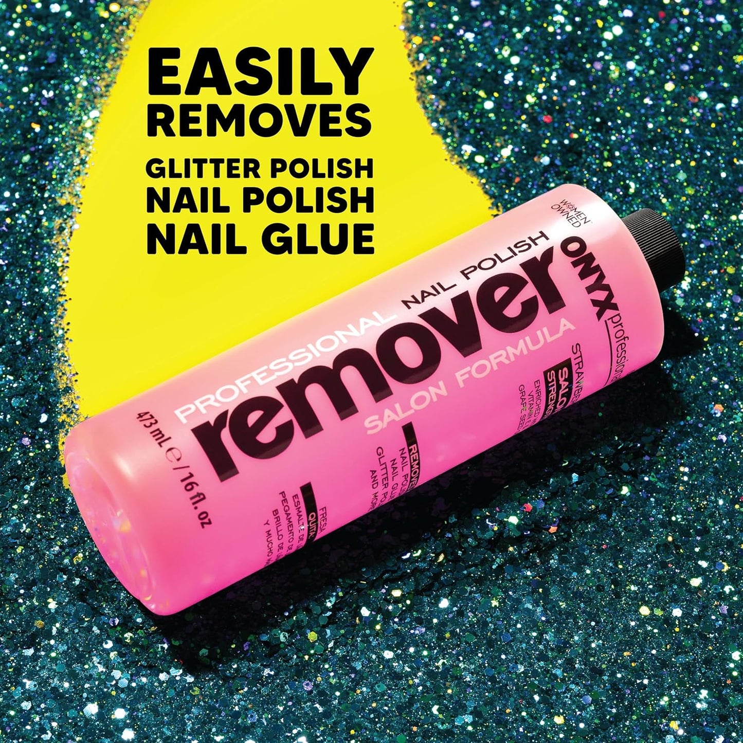 Onyx Professional Nail Polish Remover with 7 inch Nail File, Strawberry Scent, Made in USA, 16 fl oz - Moisturizing Formula, Acetone-based Gel Polish Remover, Enhanced with Vitamin E, Grape Seed Oil