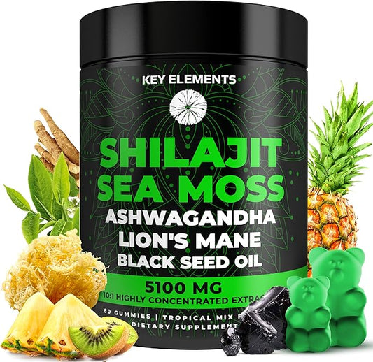Organic Shilajit Gummies with Sea Moss Gummies - Shilajit Supplement for Immune Support - Pure Himalayan Shilajit and Ashwagandha with Sea Moss and Shilajit, Lion’s Mane Extract and Black Seed Oil