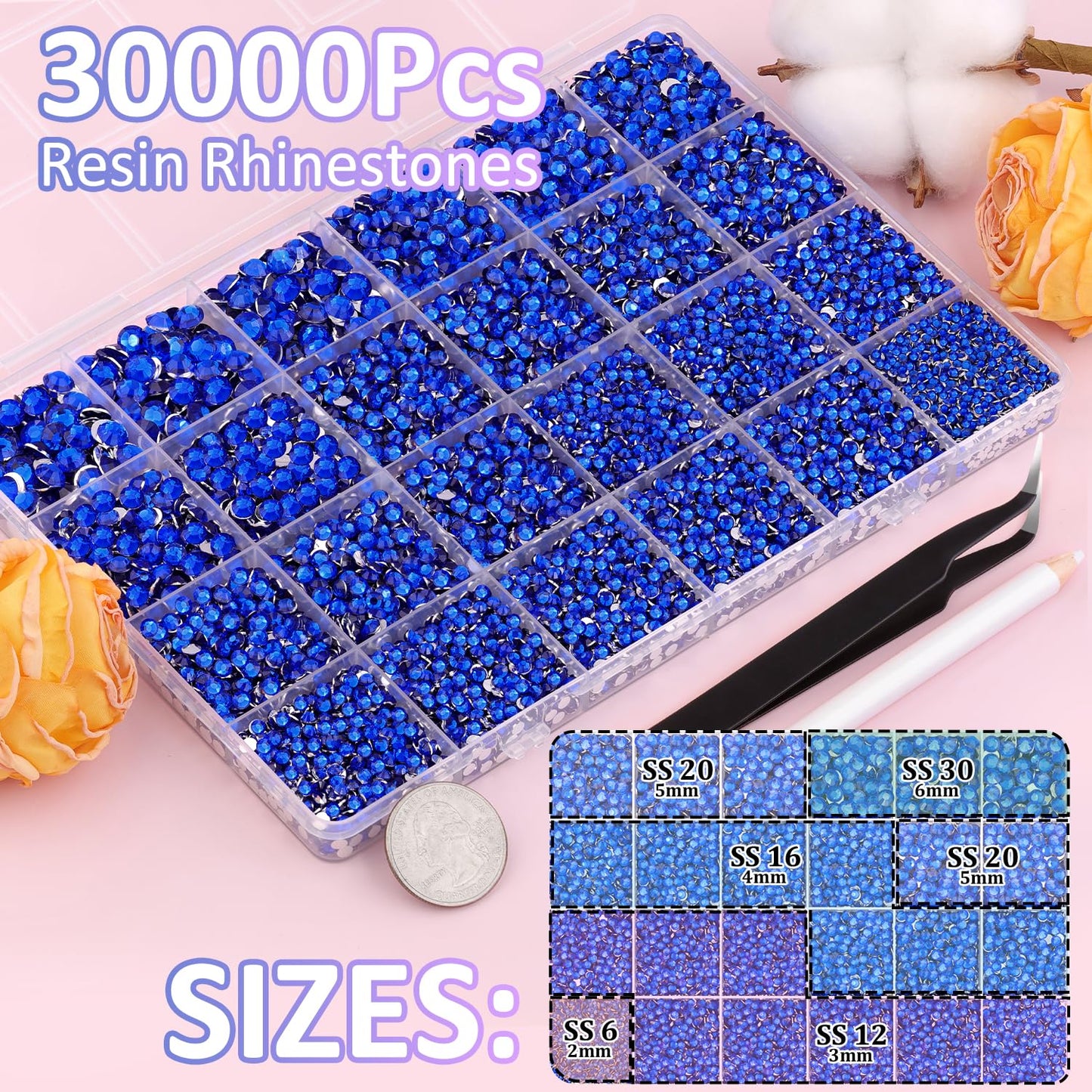 30000Pcs Royal Blue Rhinestones for Bedazzling with B7000 Jewelry Glue, Bedazzler Kit Flatback Gems, Resin Rhinestones for Crafting Crafts Clothing Shoes Fabric Nail Art Assorted Size 2/3/4/5/6mm