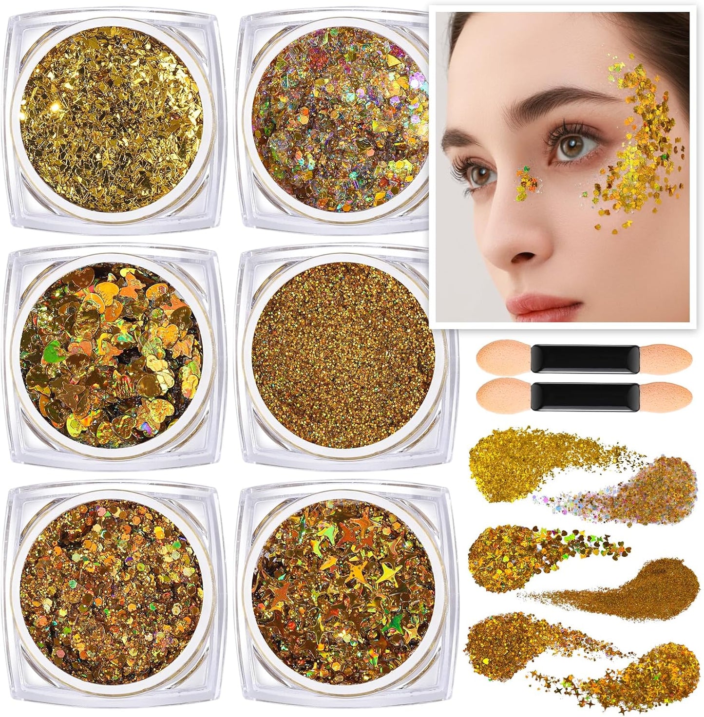 Teenitor Face Glitter Body Glitter, Gold Body Glitter Gel, Hair Glitter Gel, 6 Shapes Rave Glitter, Festival Makeup Glitters Gel, Chunky Sparkling Glitter Gel for Face, Body, Hair