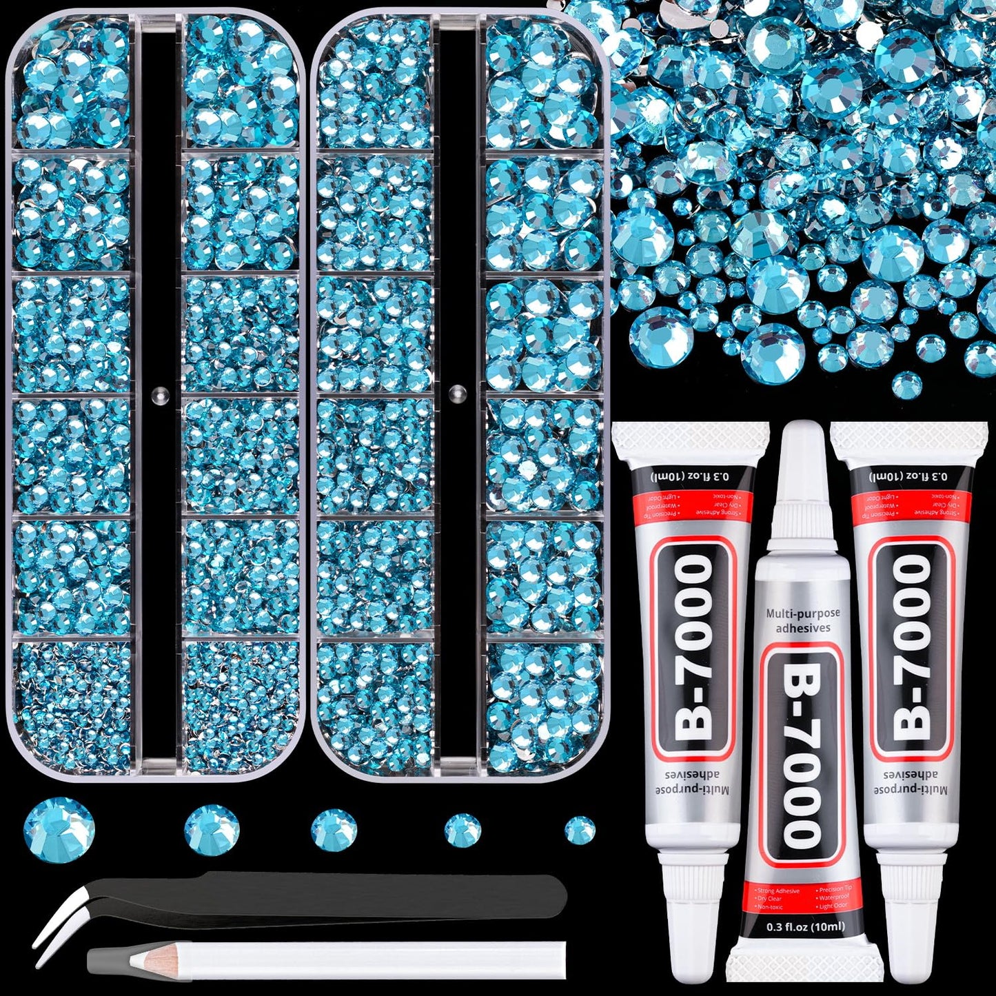 Resin Rhinestones for Crafting with B7000 Jewelry Glue, 2 Boxes Indicolite Flatback Crystals with 3Pcs 10ml Glue for Bedazzling Crafts DIY Nail Art Makeup，Non Hotfix Gems for Clothing Shoes