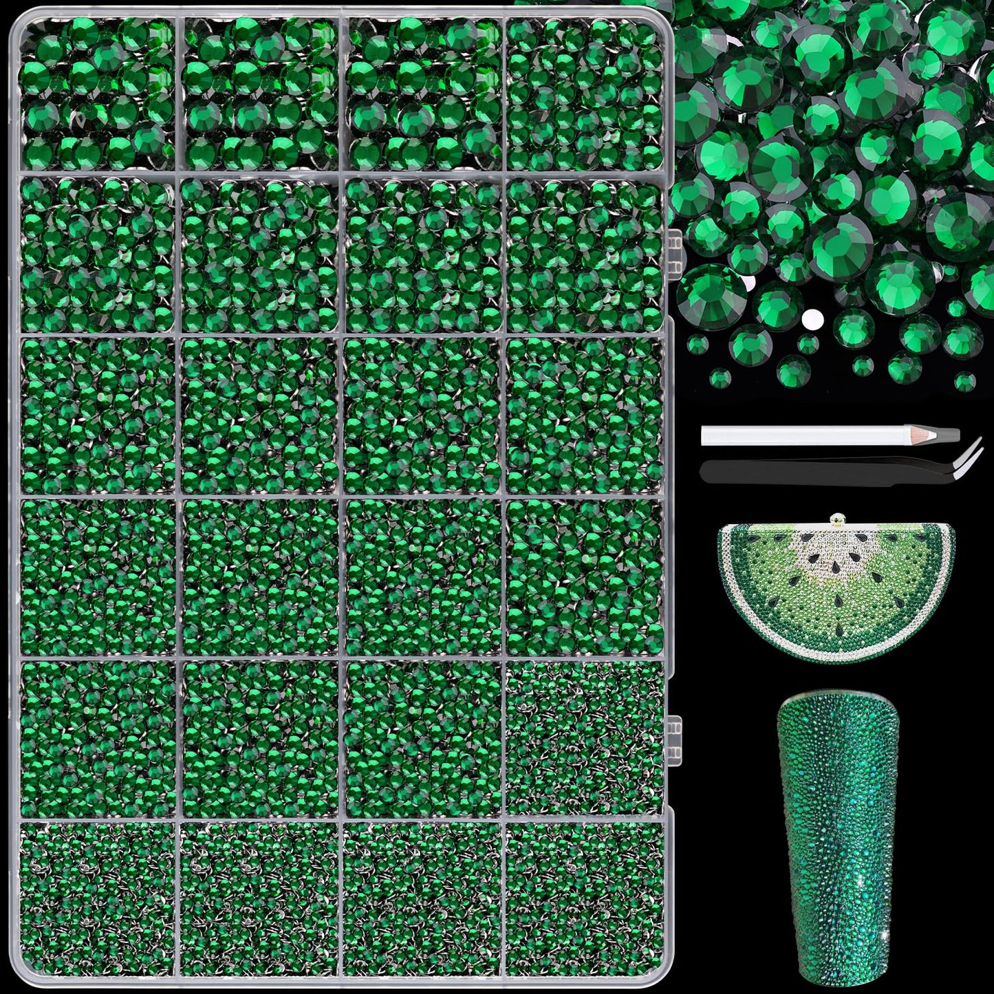 25000Pcs Resin Jelly Rhinestones with Tweezers for Crafting, 2-6mm Mixed Sizes (Dark Green) Non Hotfix Flatback Gems, Bedazzling Crystal for DIY Crafts Clothing Tumblers Mugs Shoes Decor Nail Art