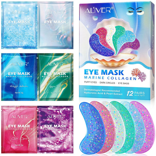 Eye Gels with Natural Marine Collagen Hyaluronic & Pearl Under Eye Patches, Under Eye Masks for Puffy Eyes & Dark Circles & Eye Bags, Face Moisturizer Treatment, Reduce Wrinkles (12 Pcs)