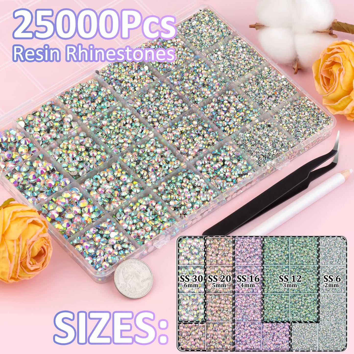 25000Pcs Resin Rhinestones with Tweezers for Crafting, AB 2-6mm Mixed Sizes Non Hotfix Flatback Gems, Bedazzling Crystal for DIY Craft Clothing Mugs Tumblers Shoes Fabric Decor Nail Art