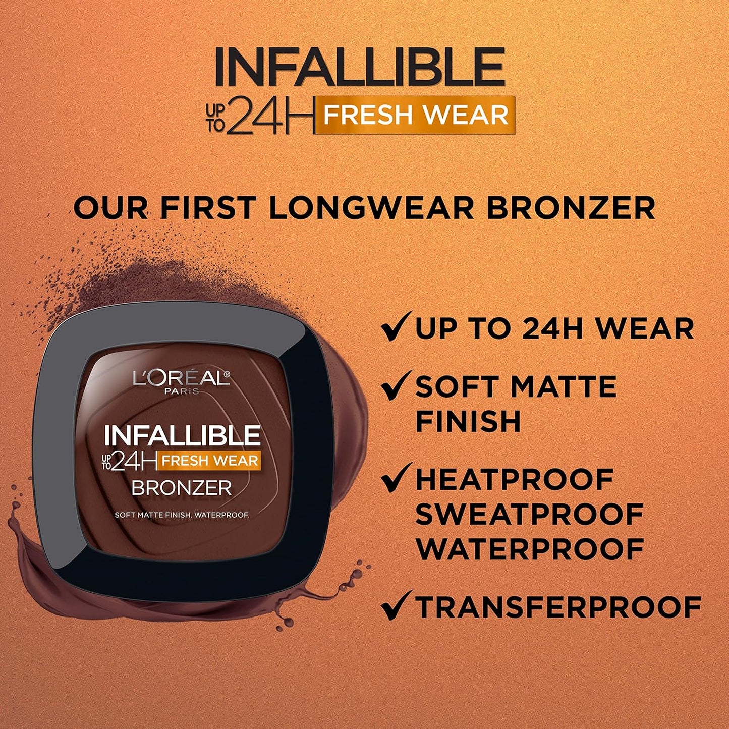 L'Oreal Paris Infallible Up to 24H Fresh Wear Soft Matte Longwear Bronzer. Waterproof, heatproof, Transfer, humidity and sweatproof, Medium, 0.31 oz