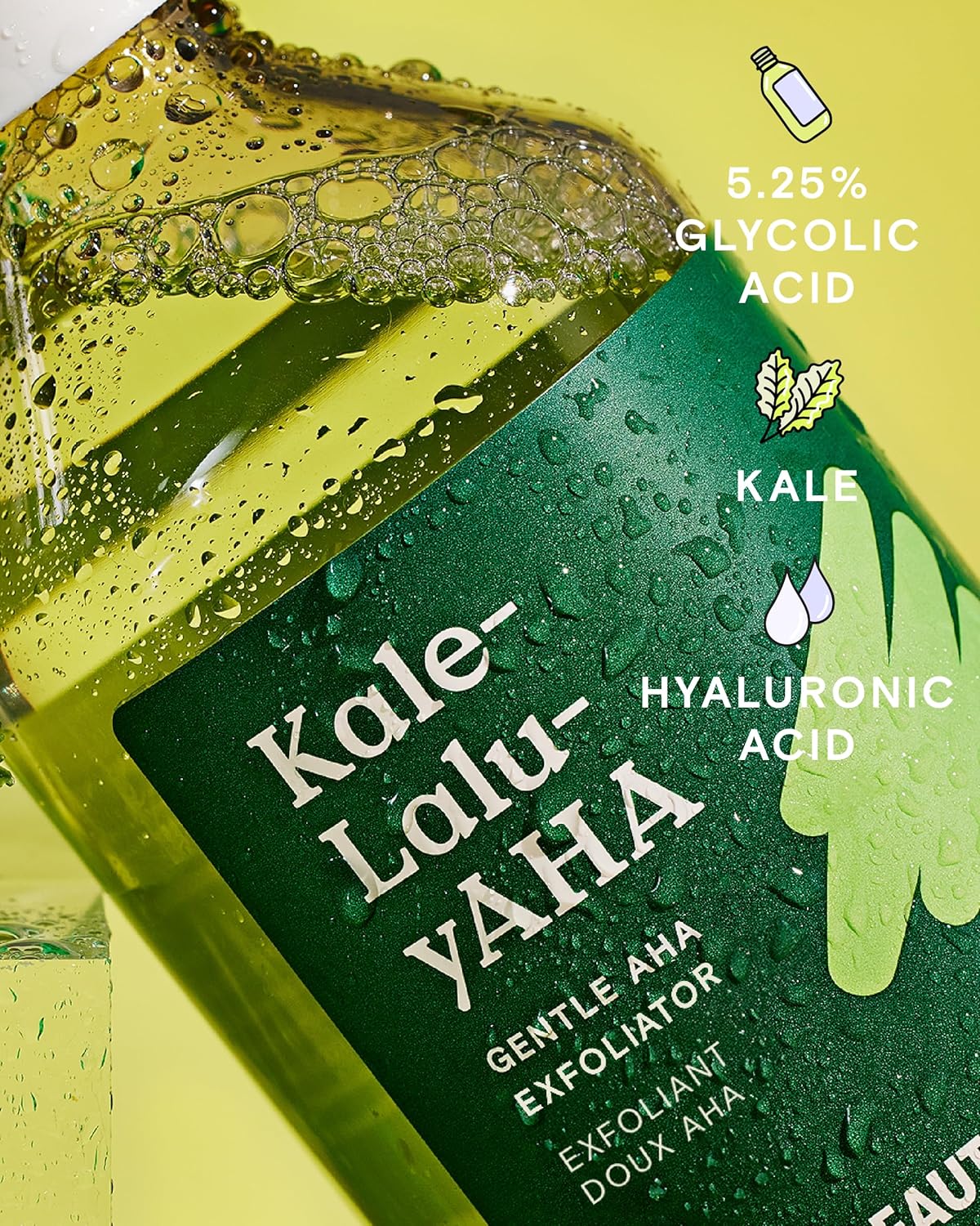 Krave Beauty Kale-Lalu-yAHA - Gentle 5.25% AHA Exfoliator with Glycolic Acid, Hyaluronic Acid, and Vitamin-Rich Kale for Texture, Discoloration, and Dead Skin Cells, Vegan and Cruelty-Free, 6.76 fl oz